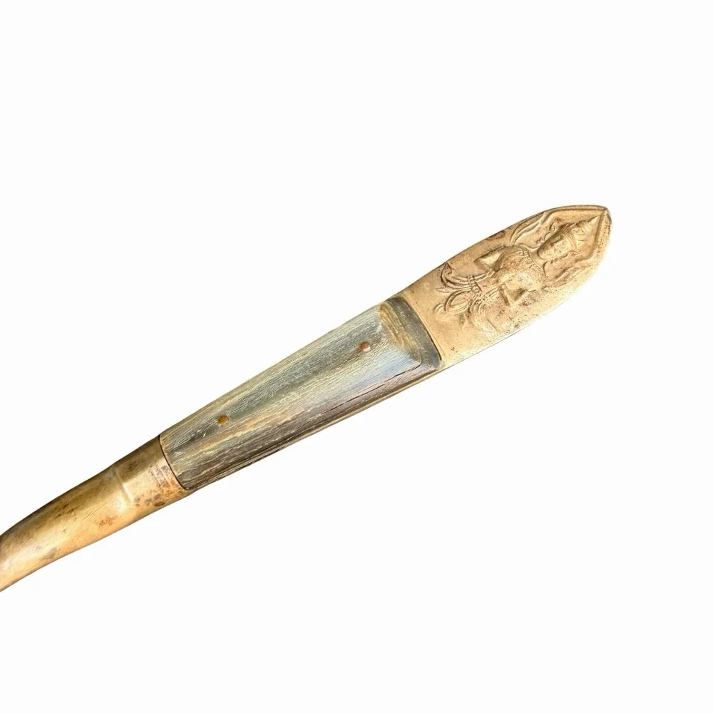 Vintage Siam Brass Cake Pie‎ Server Thailand Horn Bone Inlay Thai Deity Goddess